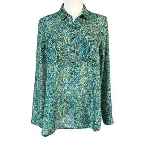 Loft Womens Blouse Lightweight Button Front Sheer Blue Green Floral Size Medium